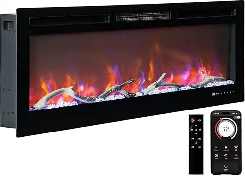 50 Inch Electric Fireplace with Remote Control & Alexa/WiFi, Smart Wall Mount/in Wall Recessed Insert Black Electric Fireplace-13+12 Realistic Ember Color/Flame Options,1500W Heater