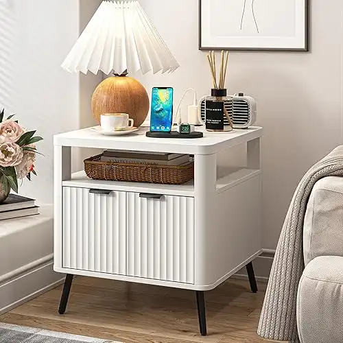 Night Stand, White Nightstand with Charging Station, 24" End Table Side Table with Open Shelf, Modern Large Fluted Bedside Cabinet, Rustic Wood Wide Nightstand for Bedroom, Sofa Couch